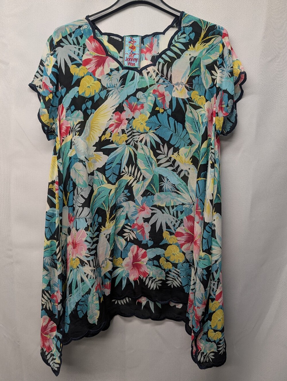 Johnny Was Black Tropical Floral Short Sleeve Tunic with Multicolor Hibiscus